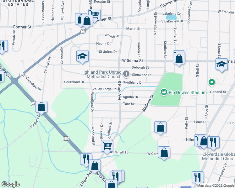 map of restaurants, bars, coffee shops, grocery stores, and more near 1100 Agutha Drive in Dothan