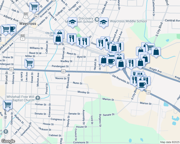 map of restaurants, bars, coffee shops, grocery stores, and more near 1404 South Georgia Parkway East in Waycross