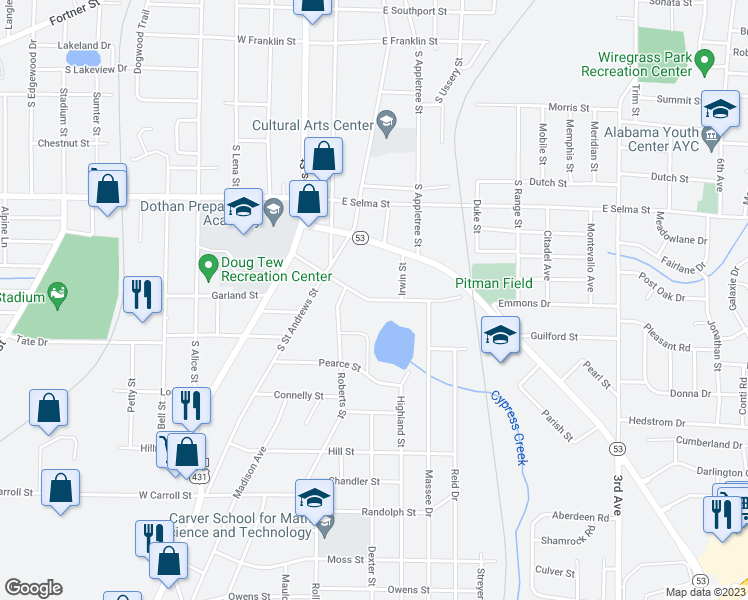 map of restaurants, bars, coffee shops, grocery stores, and more near 307 Kornegay Street in Dothan
