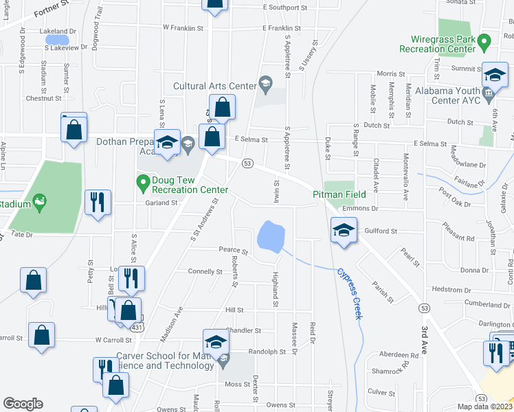 map of restaurants, bars, coffee shops, grocery stores, and more near Kornegay Street in Dothan