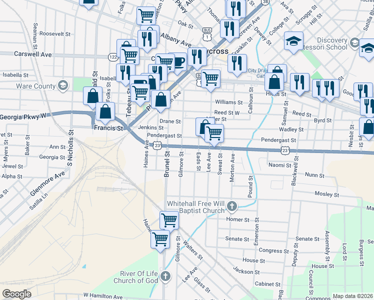 map of restaurants, bars, coffee shops, grocery stores, and more near 406 Reynolds Street in Waycross