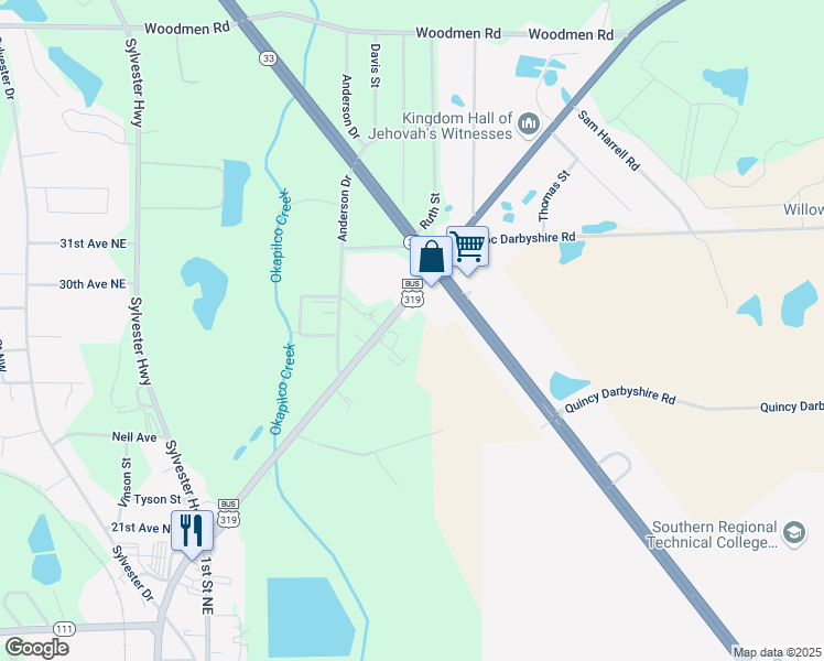 map of restaurants, bars, coffee shops, grocery stores, and more near 466 U.S. 319 in Moultrie