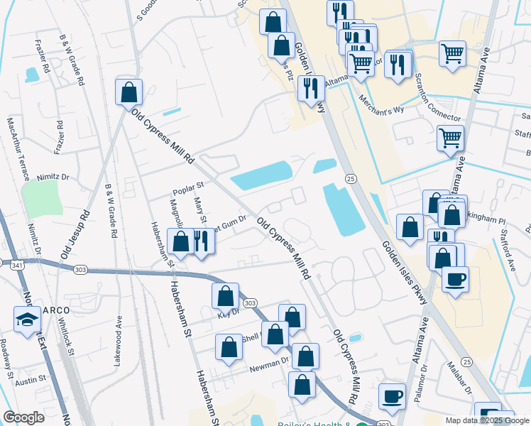 map of restaurants, bars, coffee shops, grocery stores, and more near 24 White Oak Court in Brunswick
