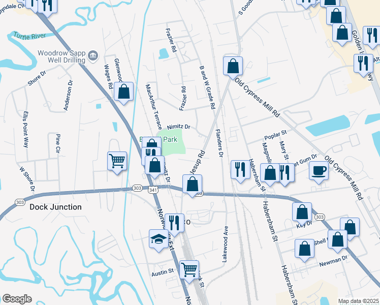 map of restaurants, bars, coffee shops, grocery stores, and more near 133 English Avenue in Brunswick