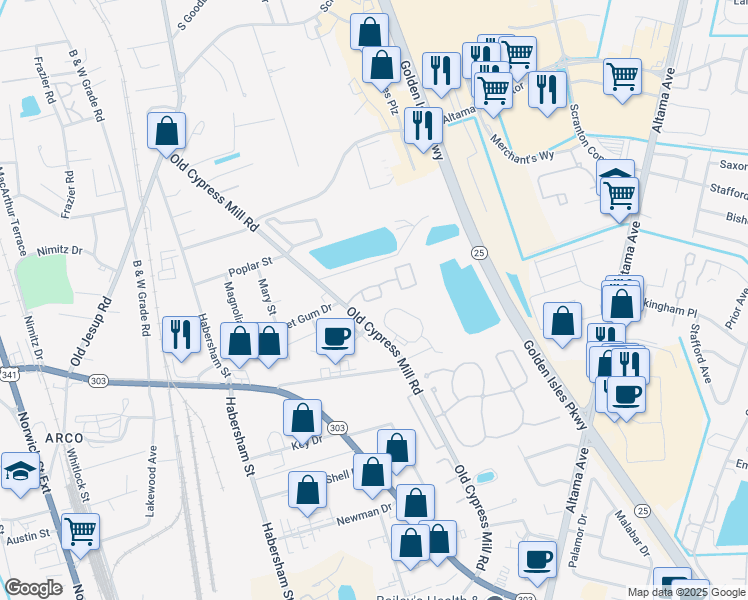 map of restaurants, bars, coffee shops, grocery stores, and more near 24 White Oak Court in Brunswick