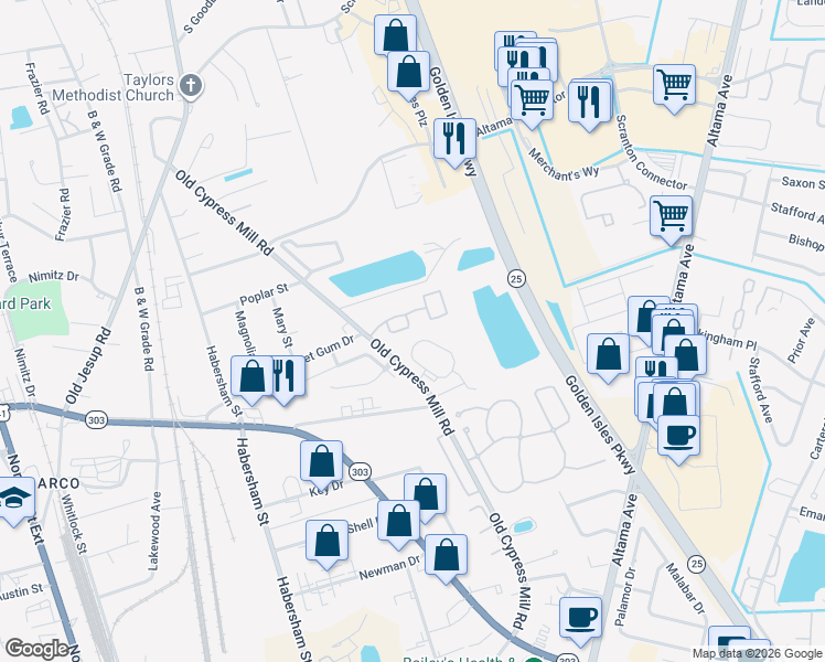 map of restaurants, bars, coffee shops, grocery stores, and more near 70 White Oak Court in Brunswick