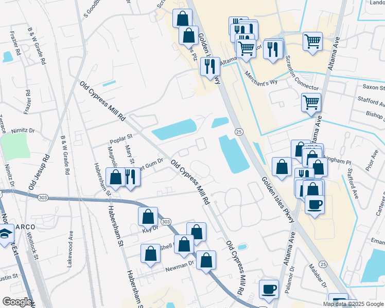 map of restaurants, bars, coffee shops, grocery stores, and more near 74 White Oak Court in Brunswick