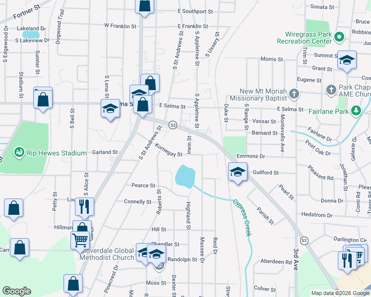 map of restaurants, bars, coffee shops, grocery stores, and more near 326-398 Kornegay Street in Dothan