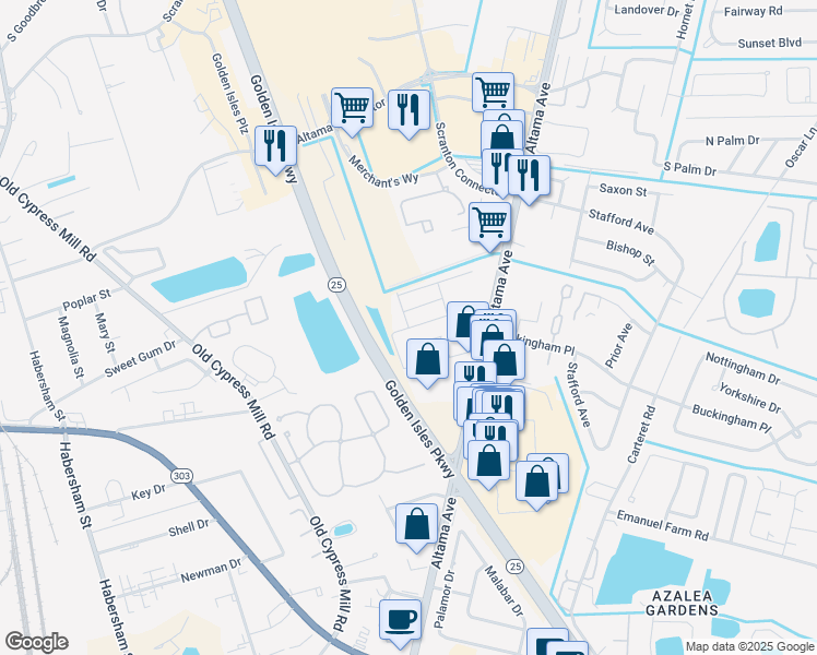 map of restaurants, bars, coffee shops, grocery stores, and more near Hillpoint Way in Brunswick