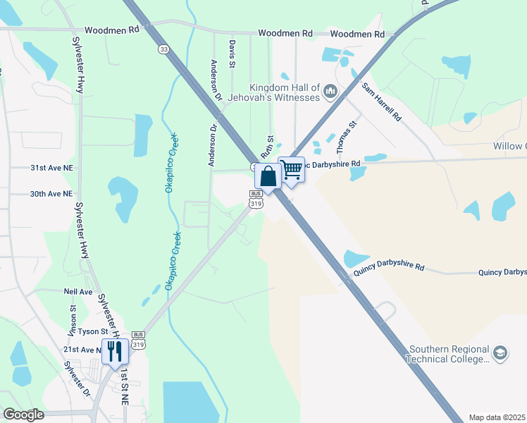map of restaurants, bars, coffee shops, grocery stores, and more near 508 Tifton Highway in Moultrie