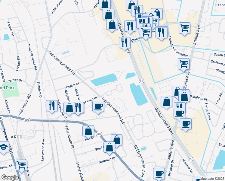 map of restaurants, bars, coffee shops, grocery stores, and more near 488 Moss Creek Lane in Brunswick