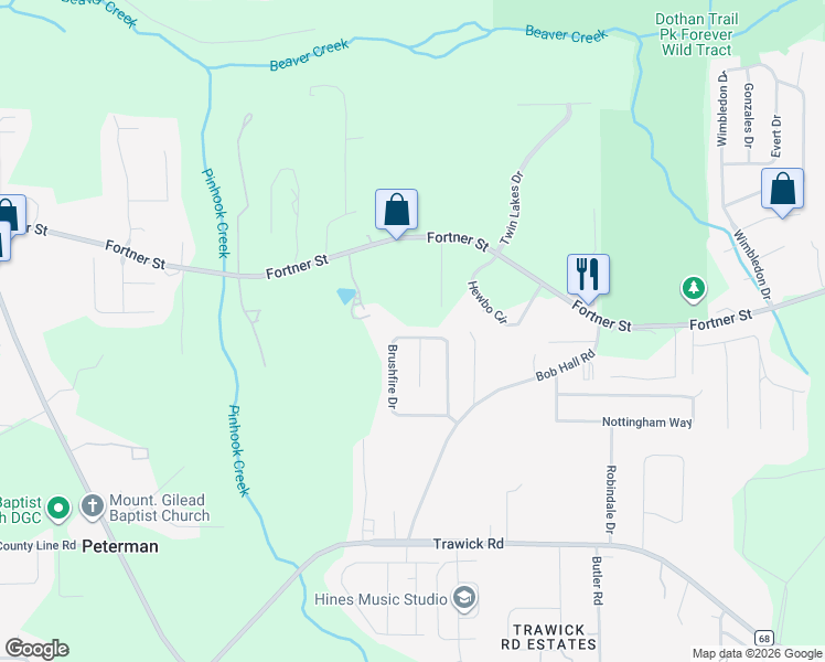 map of restaurants, bars, coffee shops, grocery stores, and more near 232 Brushfire Drive in Dothan