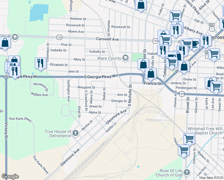 map of restaurants, bars, coffee shops, grocery stores, and more near 1104 Margaret Street in Waycross
