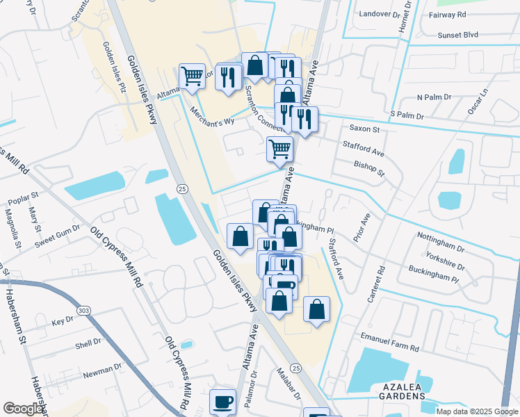 map of restaurants, bars, coffee shops, grocery stores, and more near Hillpoint Way in Brunswick