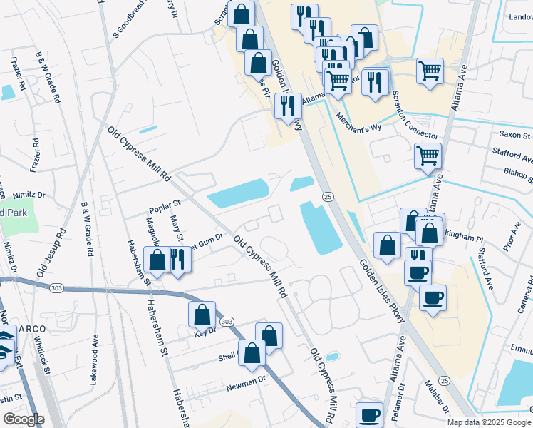 map of restaurants, bars, coffee shops, grocery stores, and more near 348 Moss Creek Lane in Brunswick