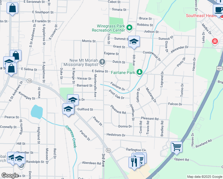 map of restaurants, bars, coffee shops, grocery stores, and more near 907 Post Oak Drive in Dothan