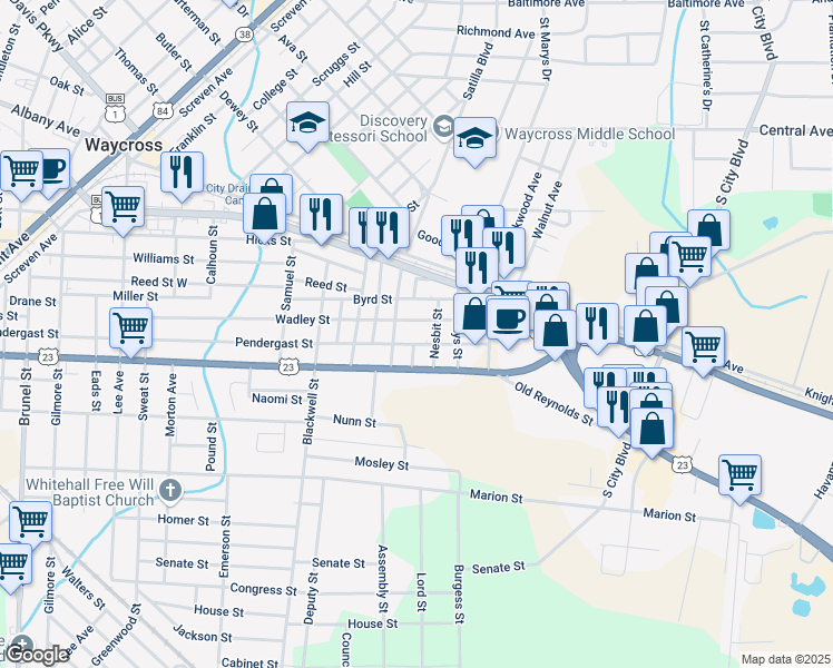 map of restaurants, bars, coffee shops, grocery stores, and more near 1403 Pendergast Street in Waycross