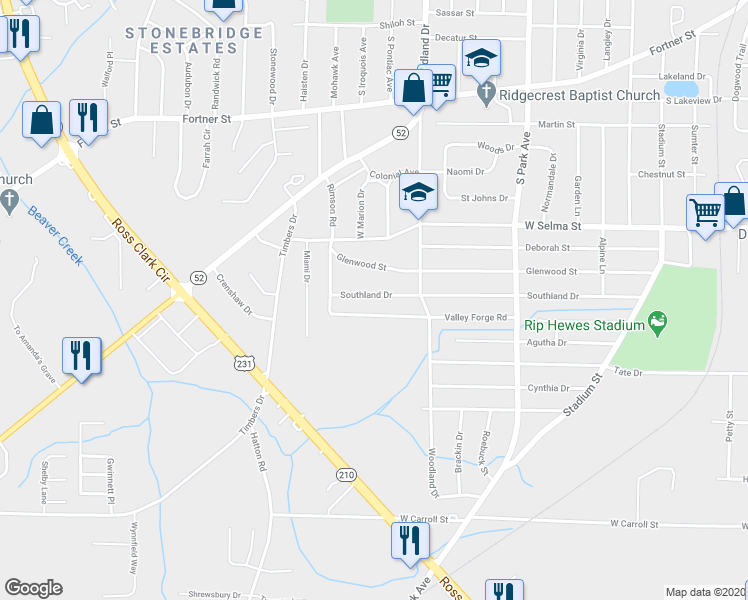 map of restaurants, bars, coffee shops, grocery stores, and more near 1213 Southland Drive in Dothan
