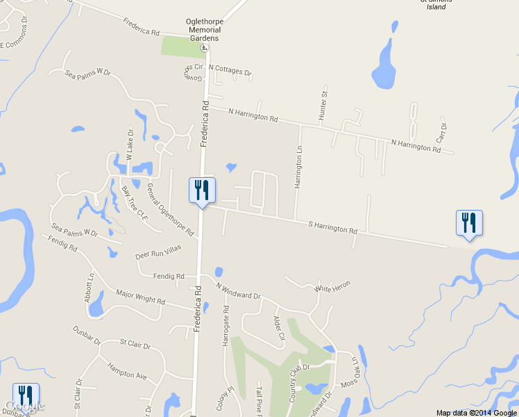 map of restaurants, bars, coffee shops, grocery stores, and more near 203 Villager Court in Saint Simons Island