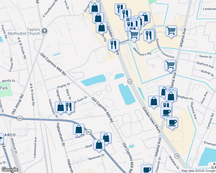 map of restaurants, bars, coffee shops, grocery stores, and more near 488 Moss Creek Lane in Brunswick