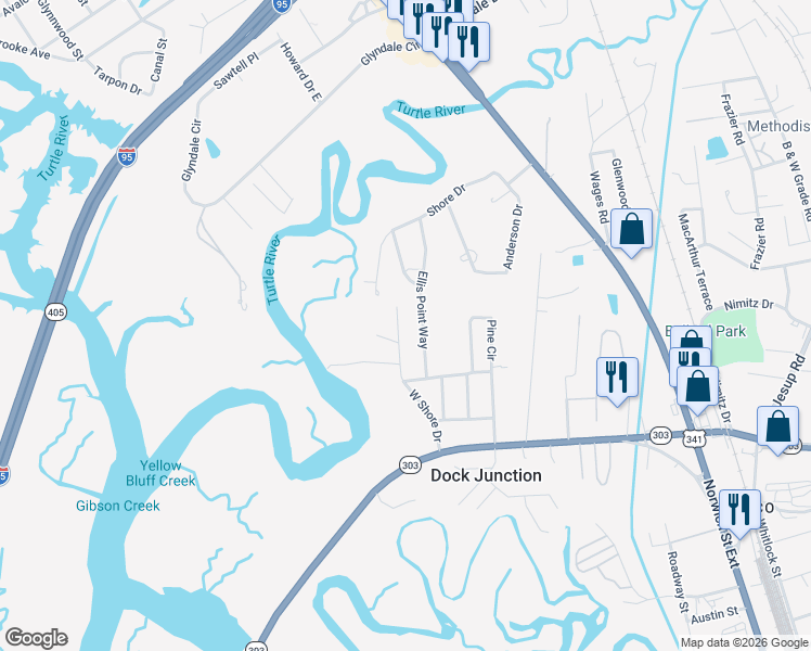 map of restaurants, bars, coffee shops, grocery stores, and more near 421 West Shore Drive in Brunswick