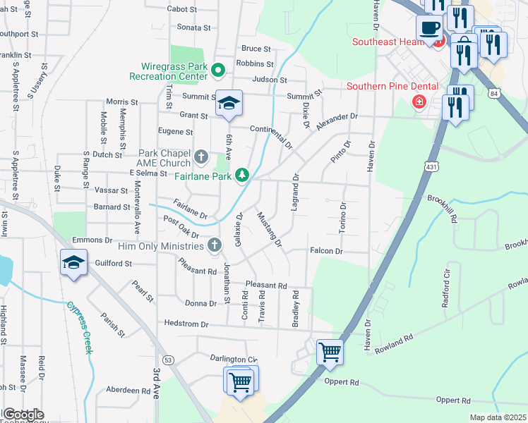 map of restaurants, bars, coffee shops, grocery stores, and more near 303 Mustang Drive in Dothan
