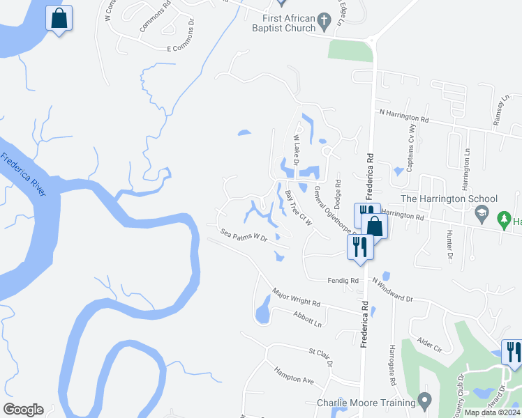 map of restaurants, bars, coffee shops, grocery stores, and more near 109 Turtle Point Court in Saint Simons Island