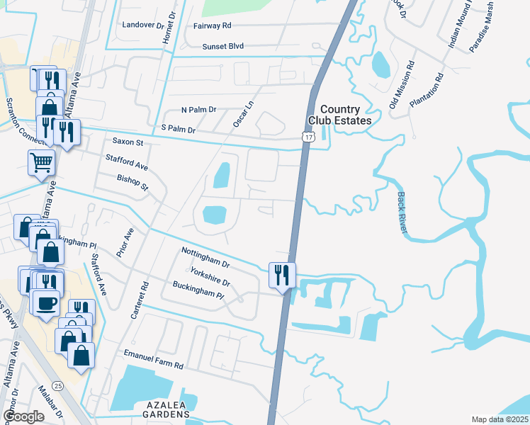 map of restaurants, bars, coffee shops, grocery stores, and more near Oak Retreat Apartment in Country Club Estates