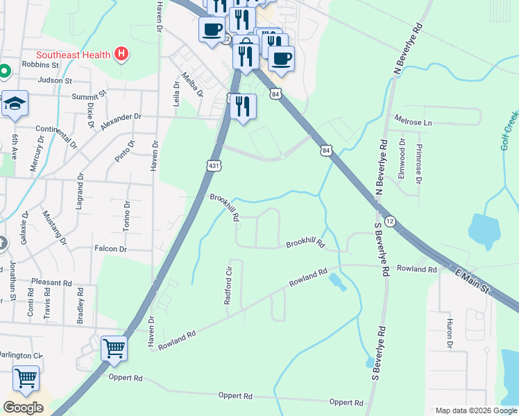 map of restaurants, bars, coffee shops, grocery stores, and more near 2103 Berryhill Drive in Dothan
