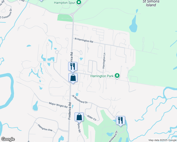 map of restaurants, bars, coffee shops, grocery stores, and more near 203 Villager Drive in St. Simons Island