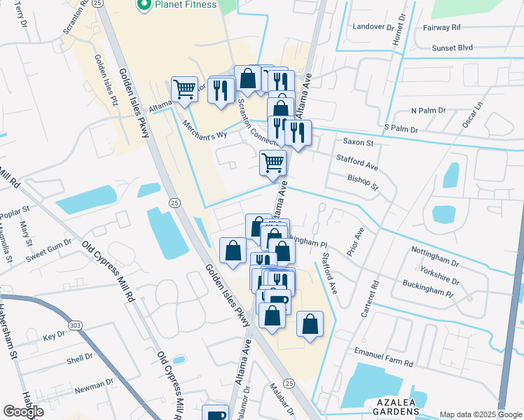 map of restaurants, bars, coffee shops, grocery stores, and more near 5395 Altama Avenue in Brunswick