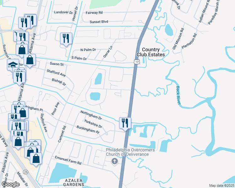 map of restaurants, bars, coffee shops, grocery stores, and more near Oak Retreat Apartment in Brunswick