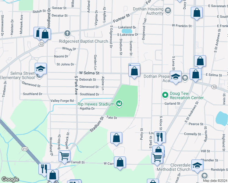 map of restaurants, bars, coffee shops, grocery stores, and more near 1501-1599 Stadium Street in Dothan