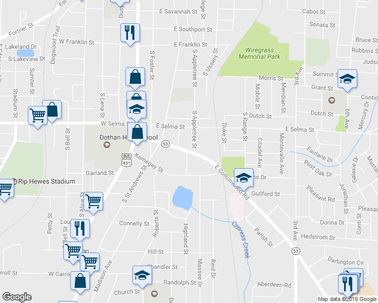 map of restaurants, bars, coffee shops, grocery stores, and more near 421 East Cottonwood Road in Dothan