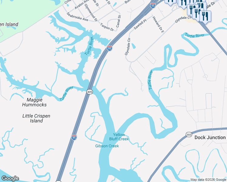 map of restaurants, bars, coffee shops, grocery stores, and more near in Dock Junction