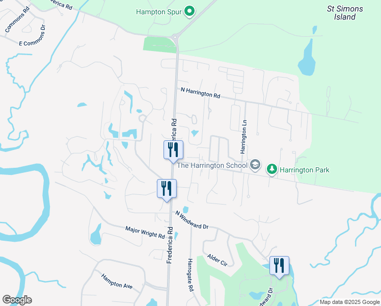 map of restaurants, bars, coffee shops, grocery stores, and more near 135 South Harrington Road in St. Simons Island