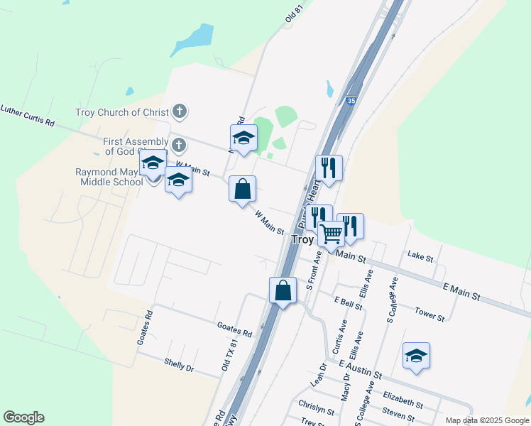 map of restaurants, bars, coffee shops, grocery stores, and more near 120 East Main Street in Troy