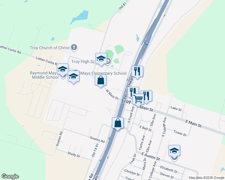 map of restaurants, bars, coffee shops, grocery stores, and more near 120 East Main Street in Troy