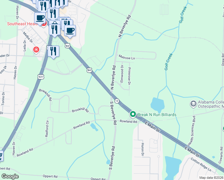 map of restaurants, bars, coffee shops, grocery stores, and more near 131 North Beverlye Road in Dothan