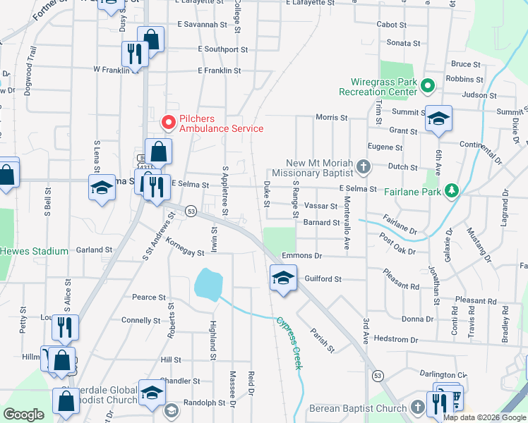 map of restaurants, bars, coffee shops, grocery stores, and more near 9082 Duke Street in Dothan