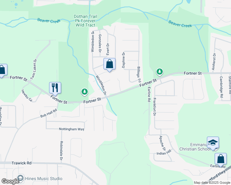 map of restaurants, bars, coffee shops, grocery stores, and more near 3954 Fortner Street in Dothan