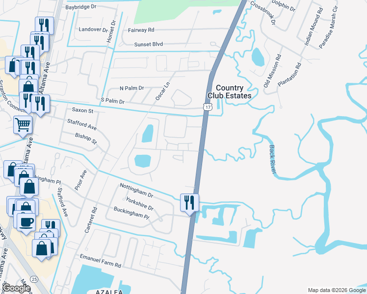 map of restaurants, bars, coffee shops, grocery stores, and more near 3875 Darien Highway in Brunswick