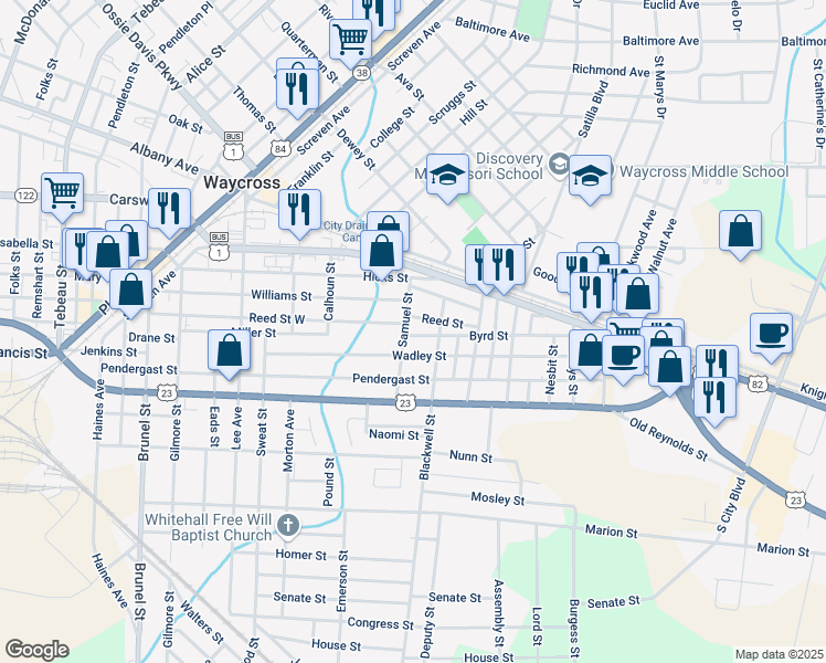 map of restaurants, bars, coffee shops, grocery stores, and more near 1007 Reed Street in Waycross