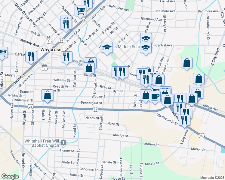 map of restaurants, bars, coffee shops, grocery stores, and more near 1019 Reed Street in Waycross