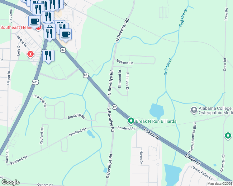 map of restaurants, bars, coffee shops, grocery stores, and more near 2602 Rosebush Road in Dothan