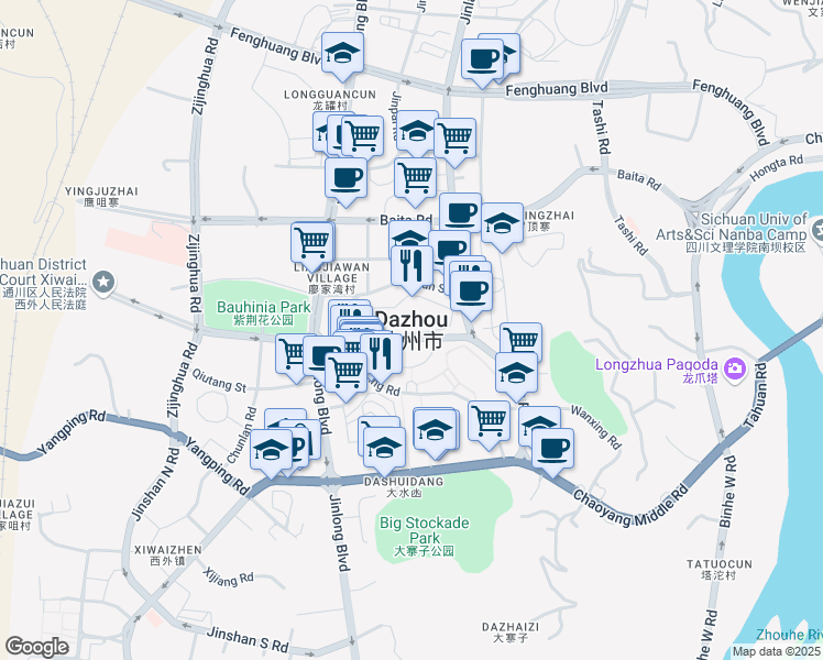 map of restaurants, bars, coffee shops, grocery stores, and more near in Dazhou