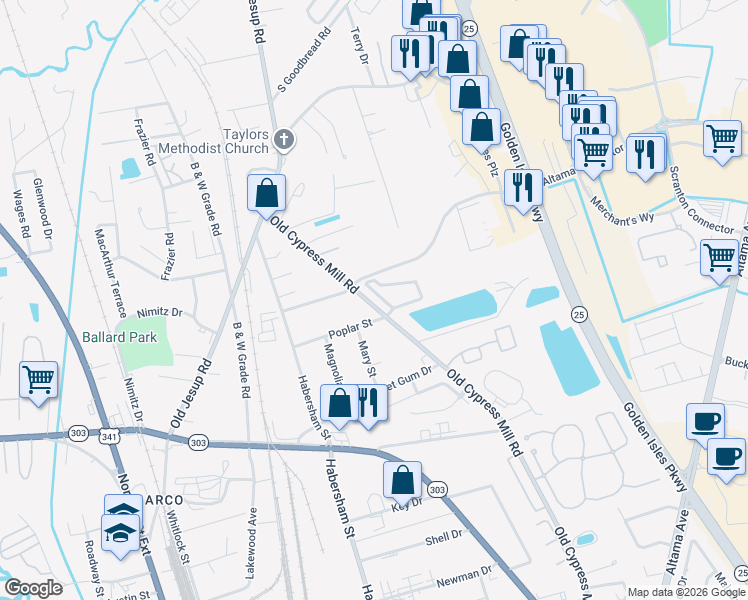 map of restaurants, bars, coffee shops, grocery stores, and more near 4325 Old Cypress Mill Road in Brunswick