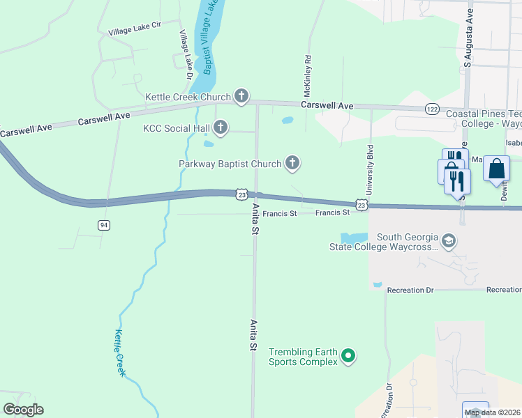 map of restaurants, bars, coffee shops, grocery stores, and more near 137 Anita Street in Waycross