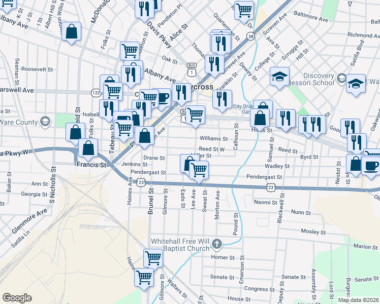map of restaurants, bars, coffee shops, grocery stores, and more near 415 Reed Street West in Waycross