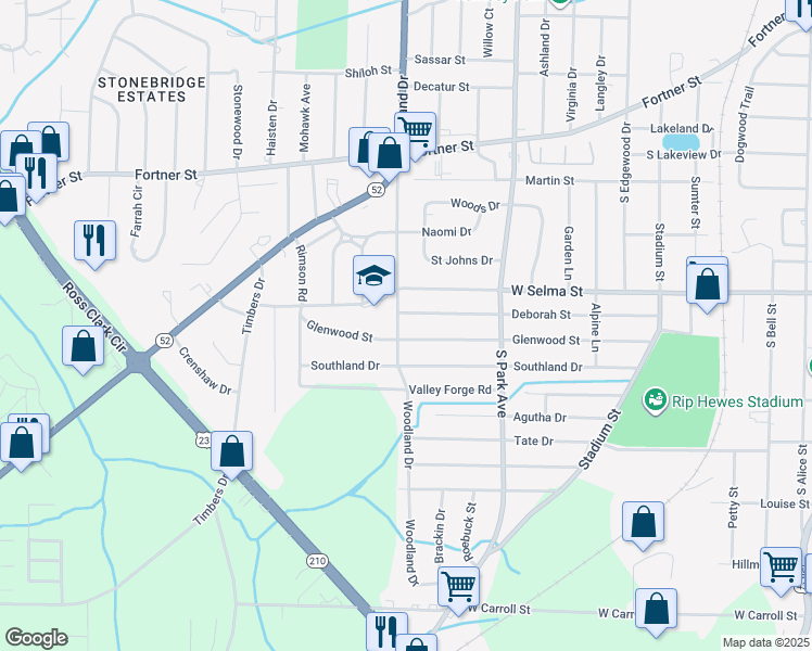 map of restaurants, bars, coffee shops, grocery stores, and more near 1303 Woodland Drive in Dothan